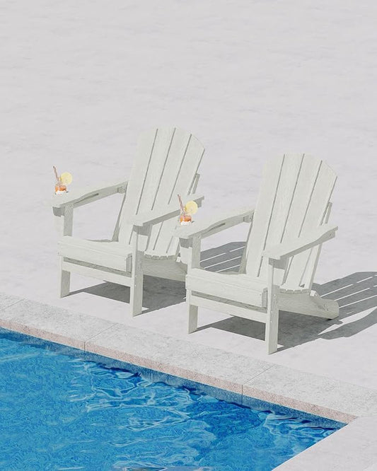 Garvee Folding Adirondack Chair Set of 2, HDPE Outdoor Patio Chair with Cup Holder, All Weather Resistent Wooden Textured for patios, Decks, Gardens, fire Pit, White