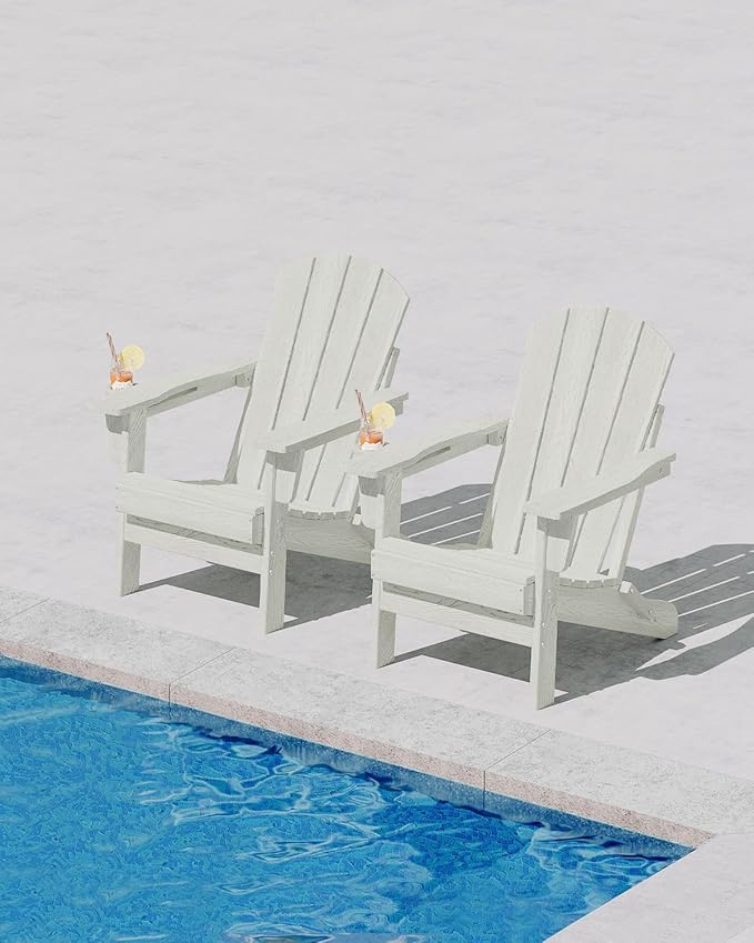 Garvee Folding Adirondack Chair Set of 4, HDPE Outdoor Patio Chair with Cup Holder, All Weather Resistent Wooden Textured for patios, Decks, Gardens, fire Pit, White