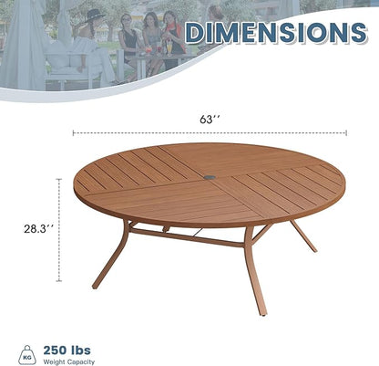 DIFY 63" Round Outdoor Patio Dining Table for 8-10, All-Weather Metal Steel Slatted Patio Table with 1.57" Adjustable Umbrella Hole for Garden, Backyard, Deck, Walnut