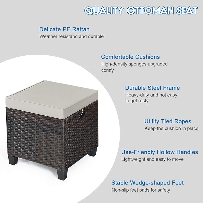 Tangkula 2 Pieces Outdoor Patio Ottoman, All Weather Rattan Wicker Ottoman Seat, Patio Rattan Furniture - Photo 7