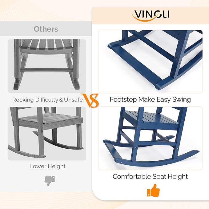 VINGLI Outdoor Rocking Chair with Footrest, Wooden Rocking Chair with 450 LBS Weight Capacity, Patio Rocker with Comfortable Backrest for Garden, Yard (Navy Blue, 2PCS)