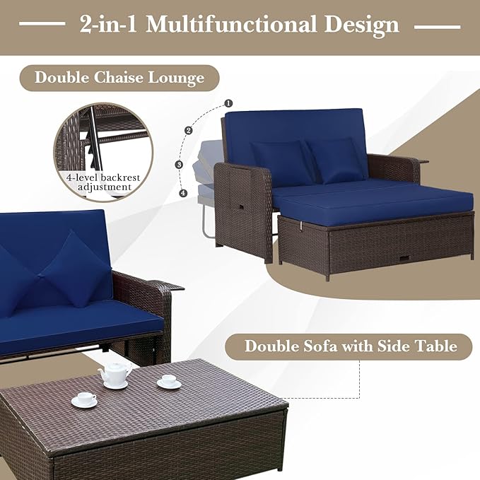 COSTWAY Patio Rattan Daybed with Cushions, Outdoor Wicker Loveseat Sofa with Storage Ottoman - Photo 8