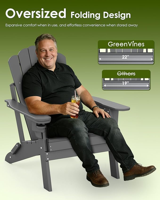 GREENVINES Oversized-Folding-Adirondack-Chairs-Set-of-4 | HDPE Plastic | Cup Holder | Fire Pit Chair | All Weather | for Outdoor Deck Backyard | Grey