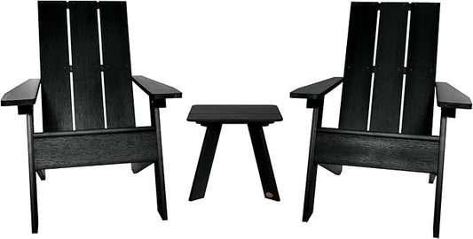 Highwood Italica Modern Adirondack 3pc Set, Includes 2 Adirondack Chairs and One Side Table, Black