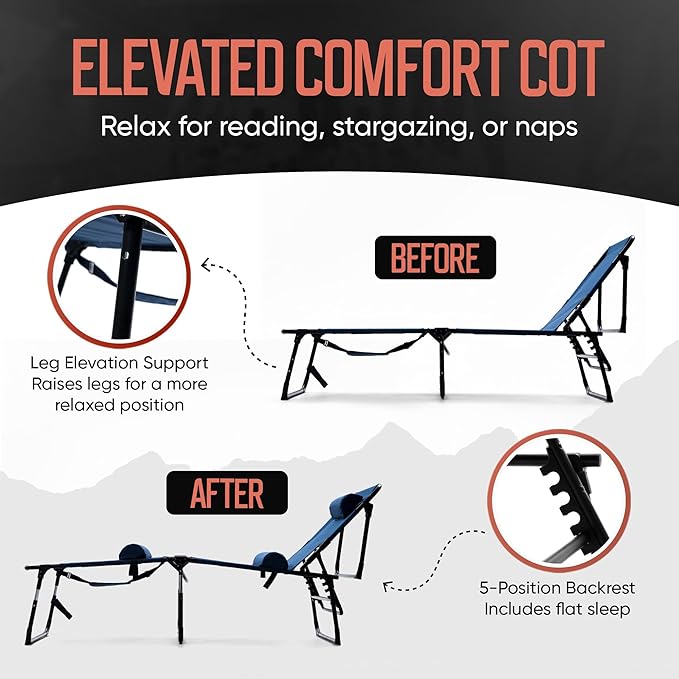 Outdoor Lounge Chair | Extra Large Portable cot incl Leg Raising adjustability | Easy Setup & Takedown | Supports Adults up to 300 lb | Ideal for Camping Patio, Balcony, Beach & More