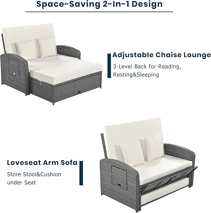 Modern Outdoor Rattan Double Chaise Lounge, 2-Person Reclining Sunbed with 3-Height Adjustable Back - Photo 4