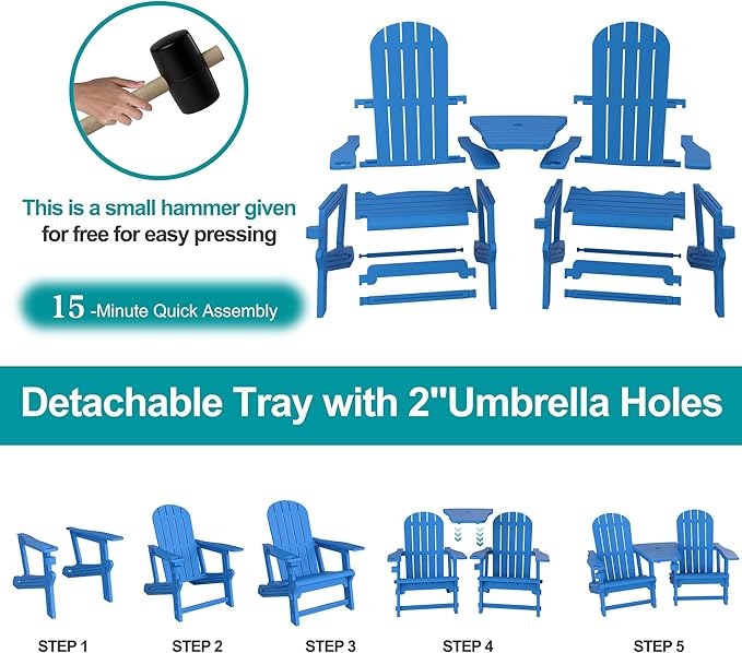 JY QAQA Outdoor Adirondack Chair Set of 2, All-Weather HDPE Patio Furniture with Detachable Table, Wood Texture & Cup Holder for Patio, Poolside, Garden, Blue