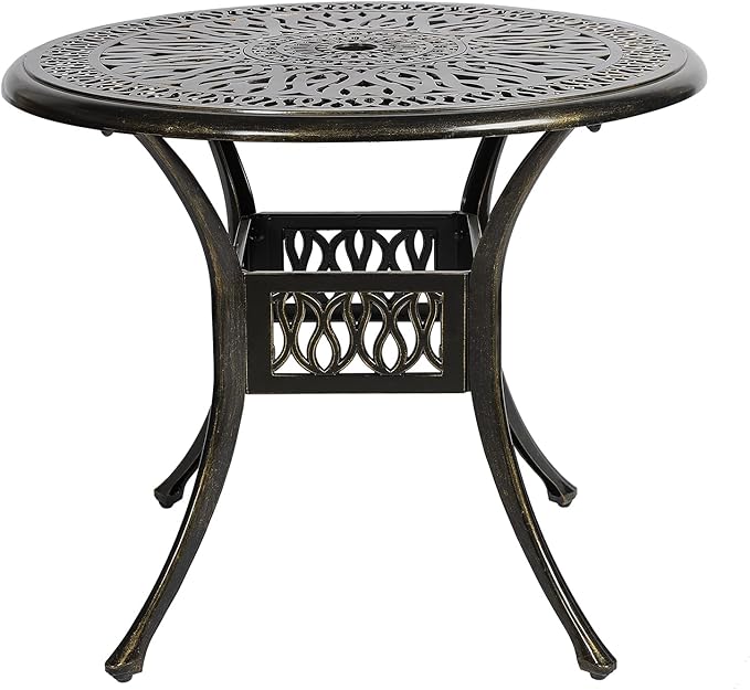 VIVIJASON 35.4" Outdoor Patio Dining Round Table Bronze Cast Aluminum Rustic Large Patio Table with Umbrella Hole