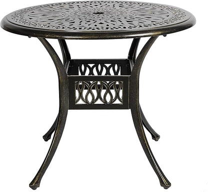 VIVIJASON 35.4" Outdoor Patio Dining Round Table Bronze Cast Aluminum Rustic Large Patio Table with Umbrella Hole