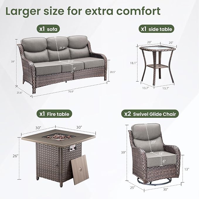 Luxury Patio Furniture Set with 6-inch Thick Cushion, Outdoor Furniture with Fire Pit Table, Swivel Chairs, Side Table - Photo 5