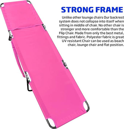EASYGO PRODUCTS Lawn Chair Chaise Lounge 2 Legs Support Polyester Material Reclining Backrest Head Rest Pillow Great for Beach, Home, Backyard, Outdoor, Patio, Pool, Camping, Lawn or Deck Color Pink