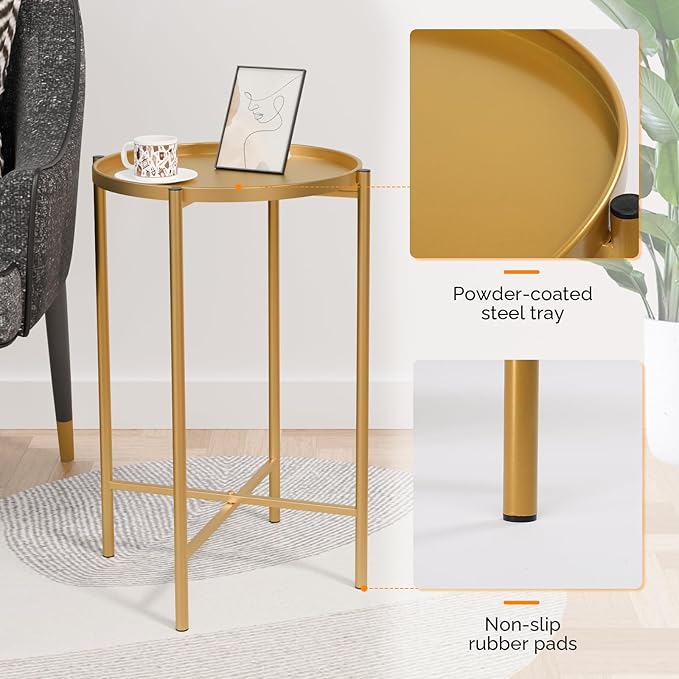 VINGLI Round Metal Side Table with Removable Tray, Outdoor Patio Coffee Table, Waterproof End Table for Small Spaces - Photo 5