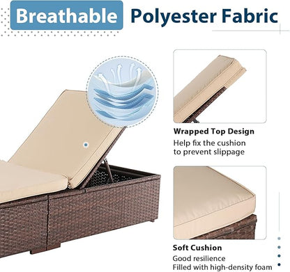 JOIVI Outdoor Chaise Lounge Chair Set of 2, 2 Pieces All-Weather PE Wicker Patio Chairs Pool Lounge Chairs for Outside, Brown Rattan Reclining Outdoor Chair with Adjustable Backrest & Beige Cushion