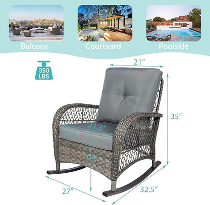 MEETWARM Outdoor Wicker Rocking Chair, Rattan Patio Rocker Chairs with Cushions and High Back, All-Weather Patio Wicker Chair with Safe Rocking Design for Garden Backyard Porch, Gray