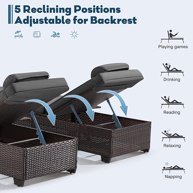 Outdoor Lounge Chairs, Pool Lounge Chairs Set of 2, Outdoor Chaise Lounge with Adjustable Backrest & Cup Holder,Grey Cushion