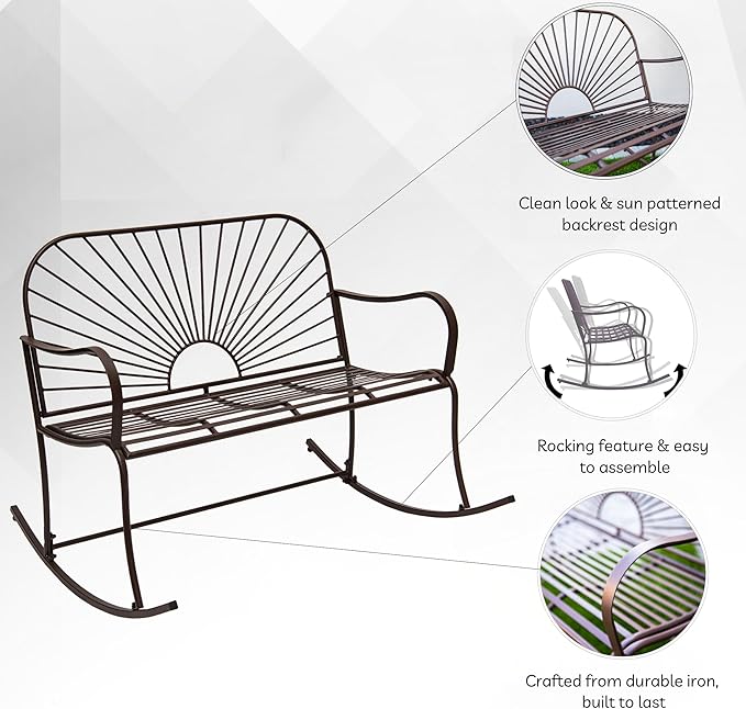 XBrand 44.5" L Iron Sun-Patterned Seat for Two Indoor/Outdoor Rocking Glider Bench, Durable Patio Glider Bench, Brown - Photo 5
