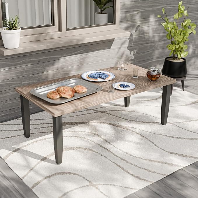 Modern Outdoor Coffee Table for Patio with Wood Grain Top, Stylish Patio Rectangle Table for Deck, Porch, Deck - Photo 1