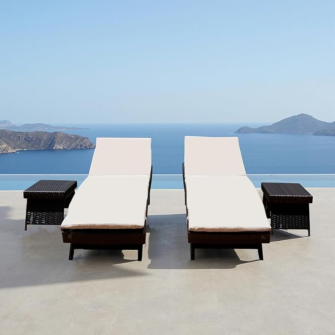 PE Rattan Foldable Backrest Chaise Lounge Set of 2 Chairs with Detachable Cushions + 2 Table, Outdoor Pool Folding Recliners and Coffee Tables, Adjustable Patio Lounge Chairs and Side Tables