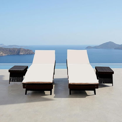 PE Rattan Foldable Backrest Chaise Lounge Set of 2 Chairs with Detachable Cushions + 2 Table, Outdoor Pool Folding Recliners and Coffee Tables, Adjustable Patio Lounge Chairs and Side Tables