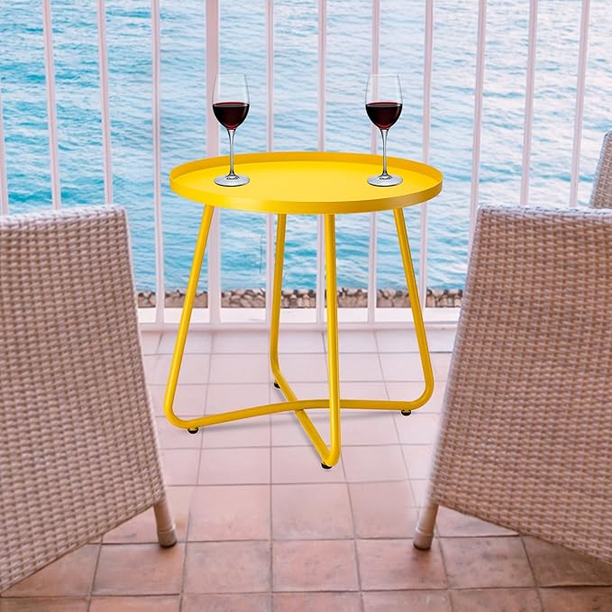 danpinera Outdoor Side Tables, Weather Resistant Steel Patio Side Table, Small Round Outdoor End Table Metal Side Table for Patio Yard Balcony Garden Bedside Yellow