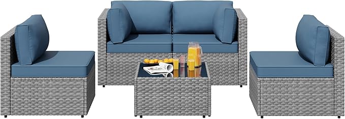 SUNLEI 5 Piece Patio Furniture Sets, Low Back All-Weather Rattan Sectional Sofa with Tea Table&Washable Couch Cushions, Patio Furniture Sets, Silver Rattan