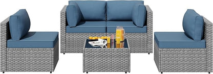 SUNLEI 5 Piece Patio Furniture Sets, Low Back All-Weather Rattan Sectional Sofa with Tea Table&Washable Couch Cushions, Patio Furniture Sets, Silver Rattan