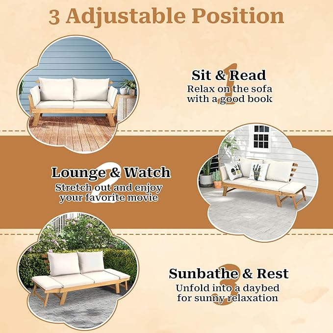 S AFSTAR Patio Convertible Couch Sofa Bed, Acacia Wood Chaise Lounger with Adjustable Armrest, Cushion & Pillows - Photo 4