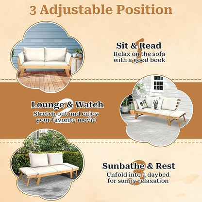S AFSTAR Patio Convertible Couch Sofa Bed, Acacia Wood Chaise Lounger with Adjustable Armrest, Cushion & Pillows, Outdoor Daybed Loveseat Furniture for Backyard, Garden, Poolside, Porch