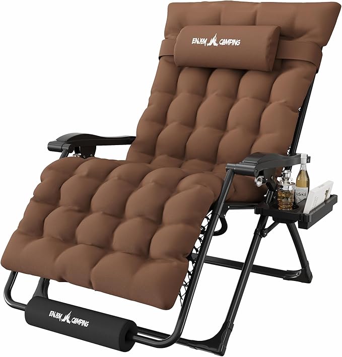 Amopatio Oversized Zero Gravity Padded Chair w/Removable Cushion&Headrest, XXL 33In Reclining Camping Lounge Chair Upgraded Lock and Footrest, Folding Patio Recliner for Indoor Outdoor, Brown