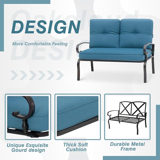 Oakcloud Outdoor 2 Pcs Patio Loveseat Bench Metal Frame Furniture Set with Thick Cushions and Coffee Table, Wrought Iron Look (Peacock Blue)