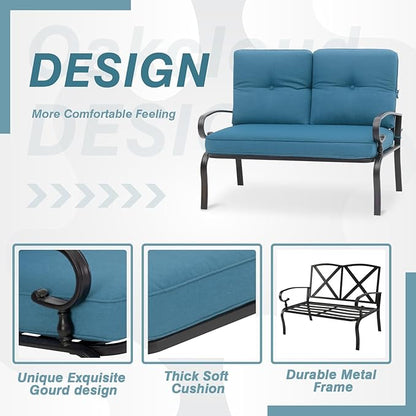 Oakcloud Outdoor 2 Pcs Patio Loveseat Bench Metal Frame Furniture Set with Thick Cushions and Coffee Table, Wrought Iron Look (Peacock Blue)