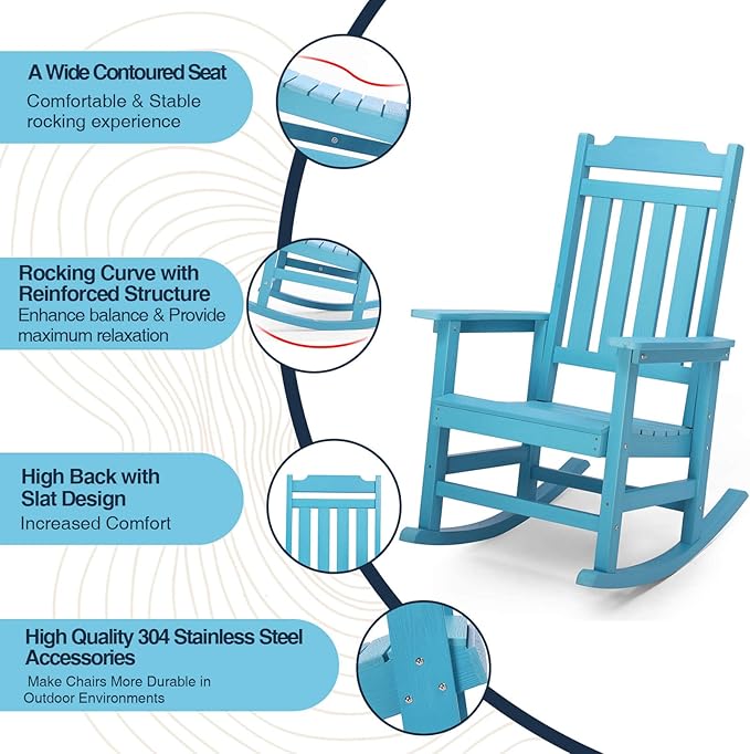 Rocking Chairs Set of 4, All Weather Resistant Poly Lumber Outdoor Porch Rocker, Rocking Chairs for Outdoor, Indoor, Patio, Deck, Garden, Backyard, Load Bearing 380 lbs - Lake Blue