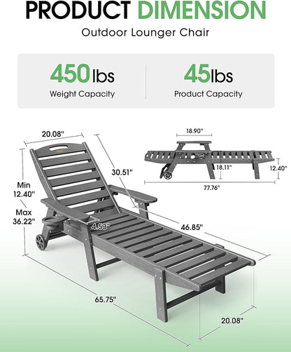 Lounge Chair Outdoor Set of 2, HDPE Chaise Lounge Outdoor, Pool Lounge Chair for Pool Poolside Deck Backyard Patio, Dark Grey