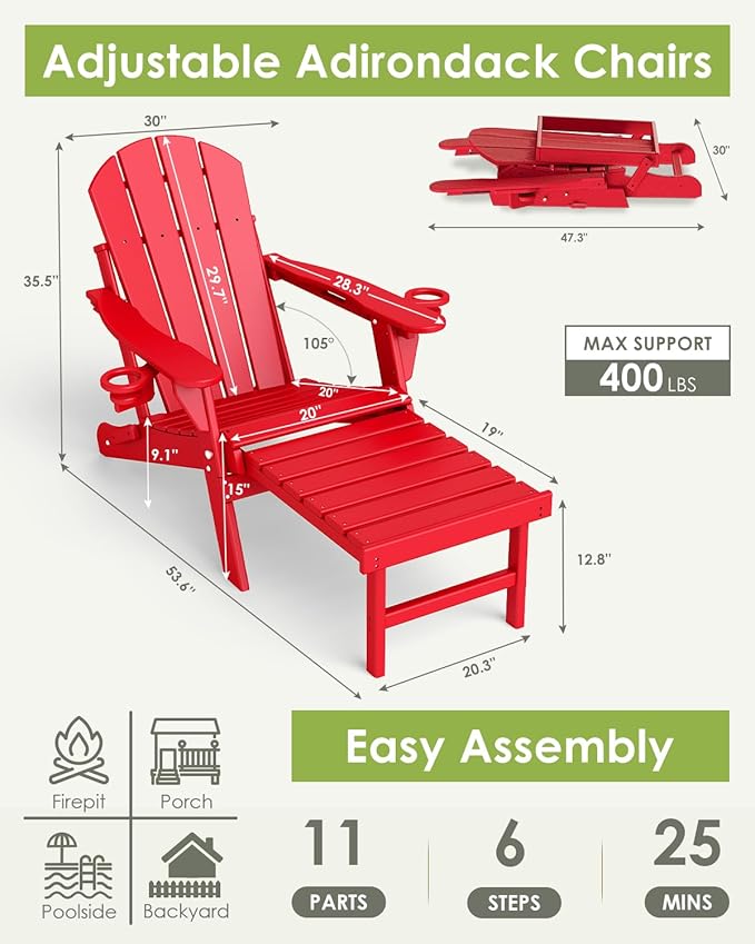 GREENVINES Adjustable Adirondack Chair with Retractable Ottoman Set of 2 | Folding | HDPE Plastic | Fire Pit Chairs w/Foot Rest | 2 Cup Holders | Red | for Outdoor Patio Poolside Deck