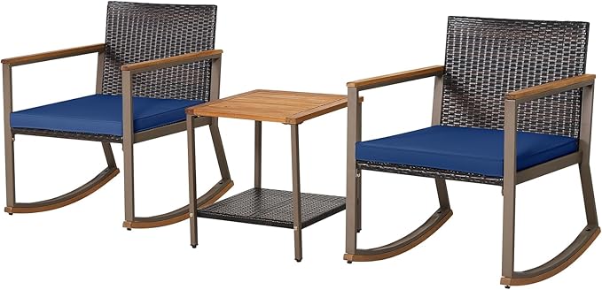 HAPPYGRILL 3 Pieces Rocking Bistro Set, Outdoor PE Wicker Rocking Chair with Coffee Table, Soft Seat Cushions Included - Photo 1