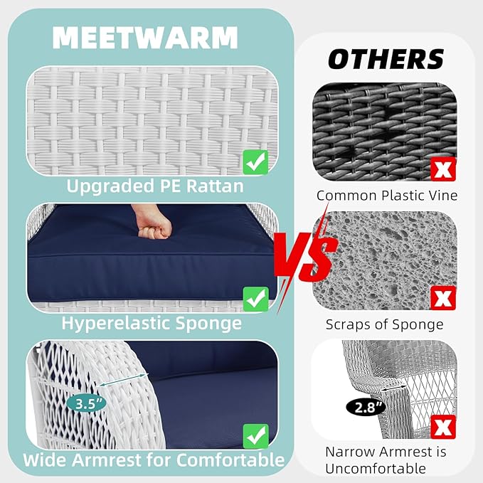 MEETWARM 3 Pieces Patio Conversation Set, Rattan Outdoor Rocking Patio Bistro Set with 2 Rockers and 1 Side Table with 4" Thick Cushions, Outdoor Furniture Set for Porch Backyard, White Wicker/Navy