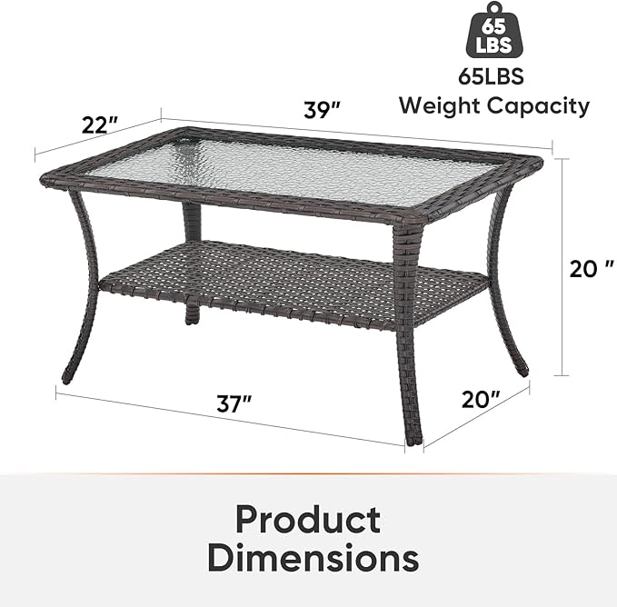 Outdoor Coffee Table - Patio Rattan Wicker Coffee Table with Tempered Glass Top and 2-Tier Storage Outdoor Table for Deck Porch Balcony Garden - Brown