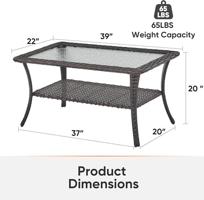 Outdoor Coffee Table - Patio Rattan Wicker Coffee Table with Tempered Glass Top and 2-Tier Storage Outdoor Table for Deck Porch Balcony Garden - Brown