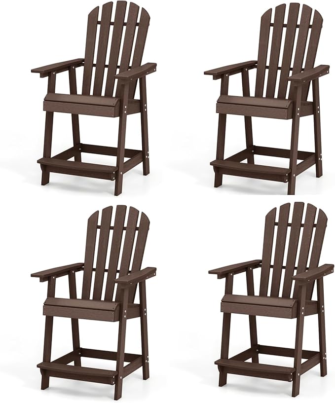 Giantex Tall Adirondack Chair Set of 4, HDPE Outdoor Bar Stools with Armrests, 4.5” Wide Footrest, Patio Adirondack Barstools, All-Weather Balcony Chairs for Poolside, Garden, Backyard (Brown)