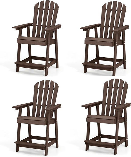 Giantex Tall Adirondack Chair Set of 4, HDPE Outdoor Bar Stools with Armrests, 4.5” Wide Footrest, Patio Adirondack Barstools, All-Weather Balcony Chairs for Poolside, Garden, Backyard (Brown)