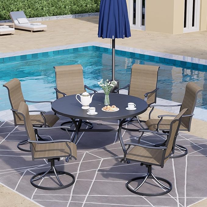 Outdoor Patio Round Dining Table, 58"x 58" Metal Slatted Round Tabletop with Adjustable Umbrella Hole for Deck Lawn Garden Backyard Balcony Deck, Black