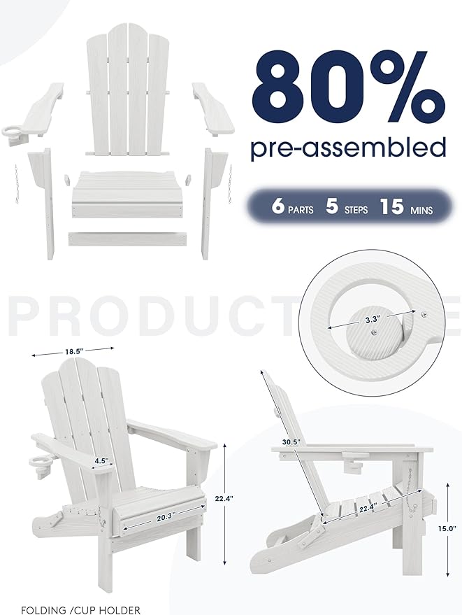 KINGYES Folding Adirondack Chair, HDPE All-Weather Patio Chairs with Cup Holder, Wooden Textured Fire Pit Chairs for Poolside, Backyard, Deck, White