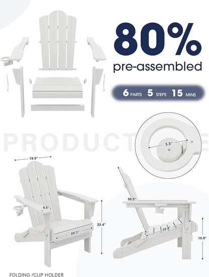 KINGYES Folding Adirondack Chair, HDPE All-Weather Patio Chairs with Cup Holder, Wooden Textured Fire Pit Chairs for Poolside, Backyard, Deck, White