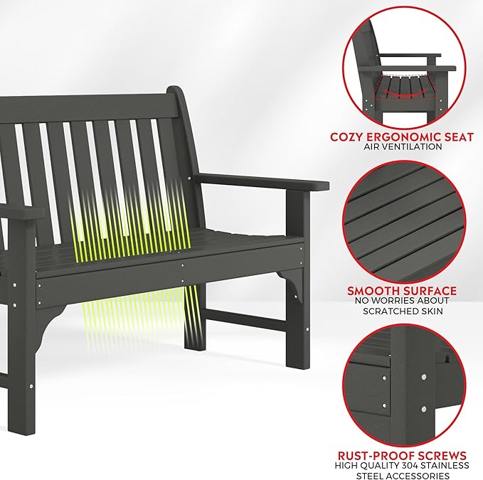 Costaelm Garden Bench, Farmhouse Park Front Porch for Entryway Bench Outdoor Seating Low Bench Patio Bench Outside/Indoor, Gray