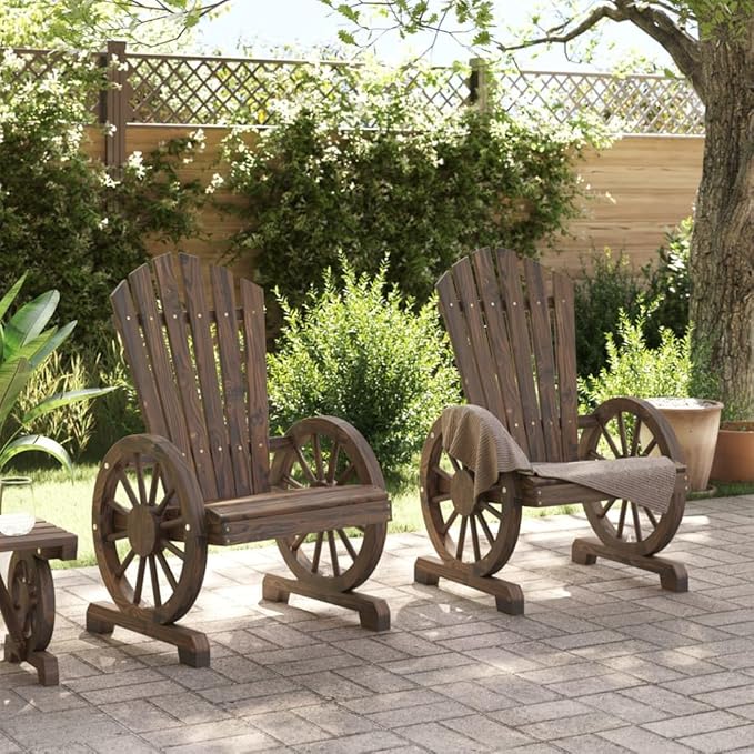 Solid Fir Wood Adirondack Chairs 2-Piece Set with Burnt Finish for Patio Garden Backyard Outdoor Seating Furniture - Photo 3