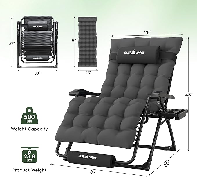 Amopatio Oversized Zero Gravity Chair, 33in Reclining Camping Lounge Chair Upgraded Lock and Footrest, Cup Holder, Removable Cushion & Headrest Folding Patio Recliner for Indoor Outdoor