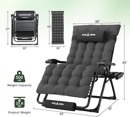 Amopatio Oversized Padded Zero Gravity Chair, XXL 33In Reclining Camping Lounge Chair w/Removable Cushion&Headrest, Upgraded Lock and Footrest, Folding Patio Recliner for Indoor Outdoor, Black Grey