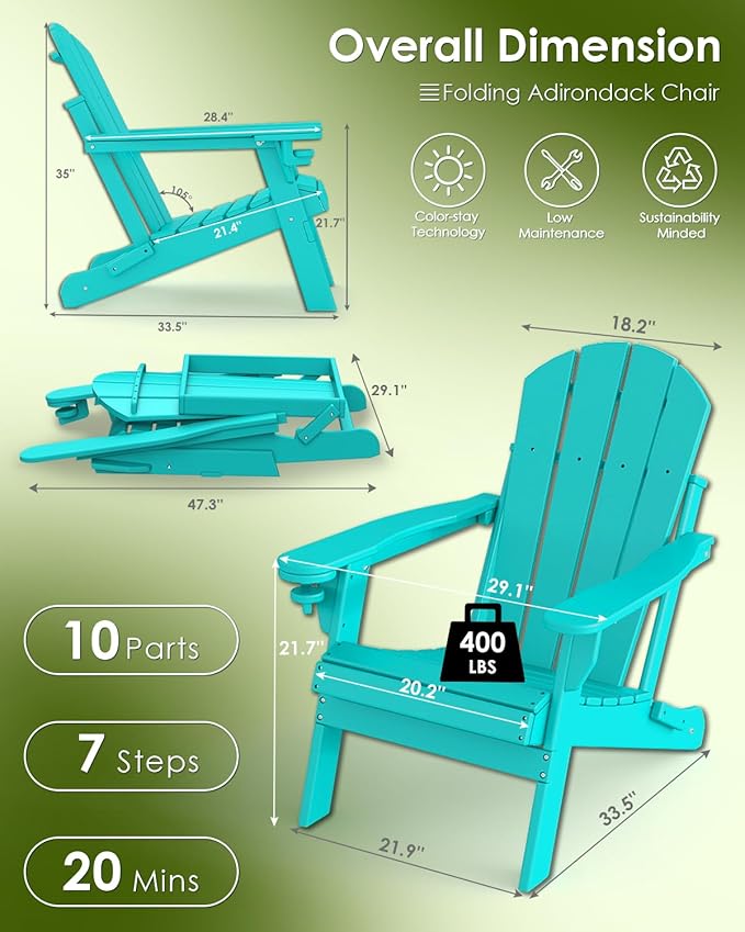 GREENVINES Folding-Adirondack-Chairs-Set-of-2 | HDPE Plastic | Fire Pit Chair | All Weather | Cup Holder | Aqua - Photo 3