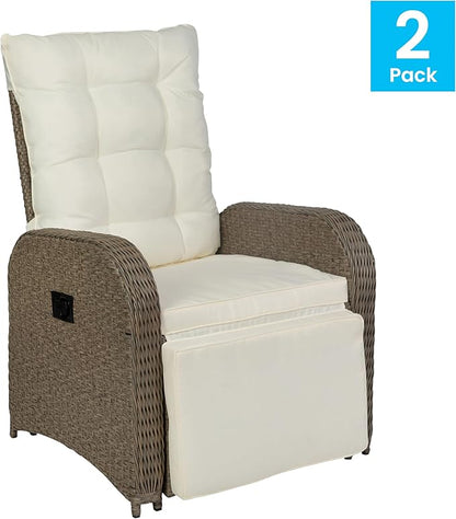 Flash Furniture Nemo Indoor/Outdoor Patio Wicker Rattan Recliner, Lounge Chair with Flip-Up Side Table, Set of 2, Beige/Brown