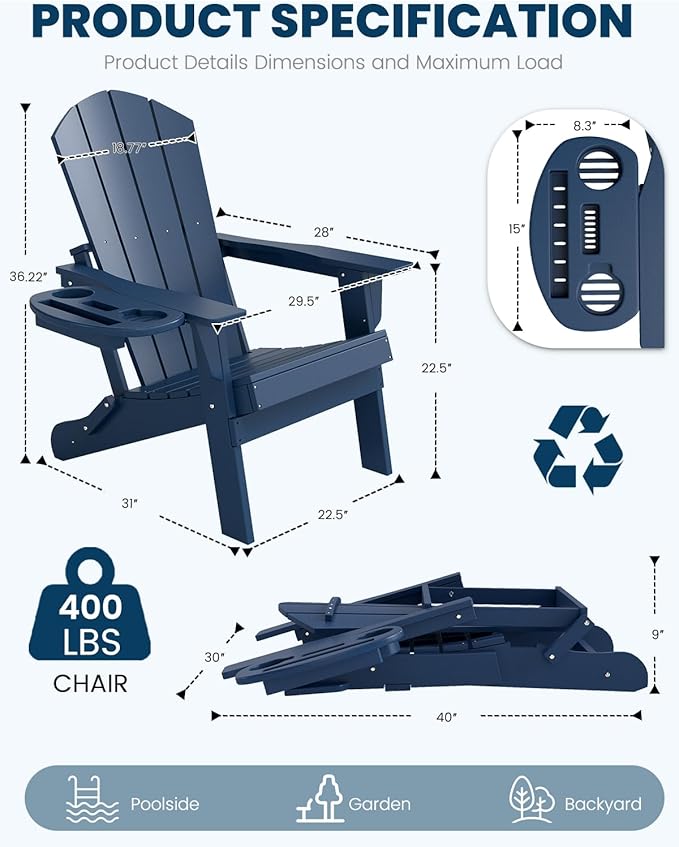 FOOWIN Folding Adirondack Chair Set of 4, HDPE Adirondack Chairs with Cup Holder - Photo 2